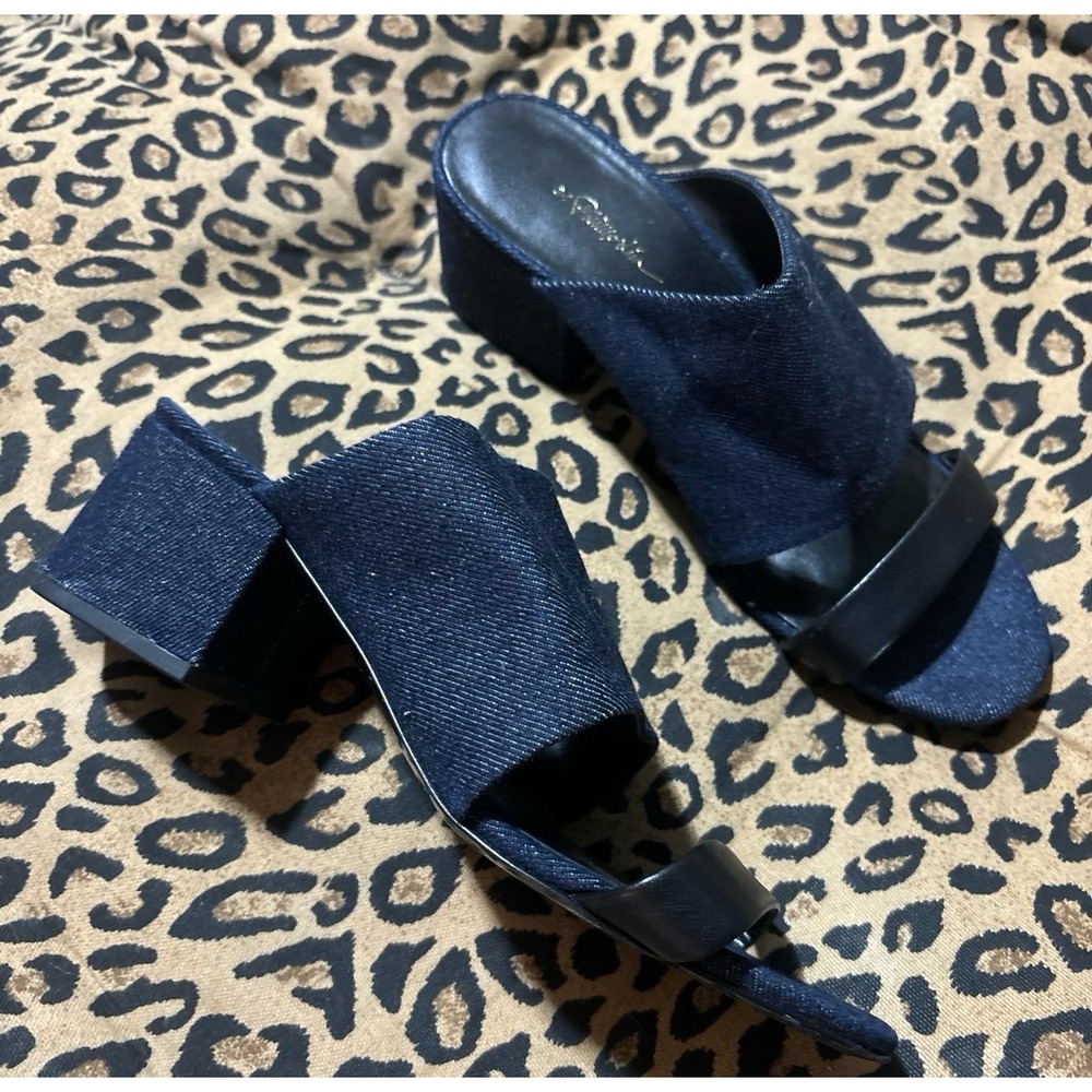 3.1 Phillip Lim Denim & Black Leather Double Strap Cube Sandals,‎ Size 8.5/39